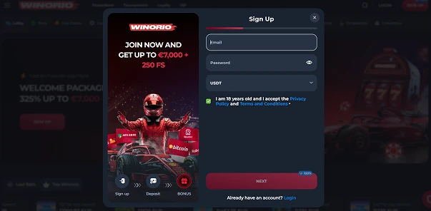 Winorio casino login and registration screen